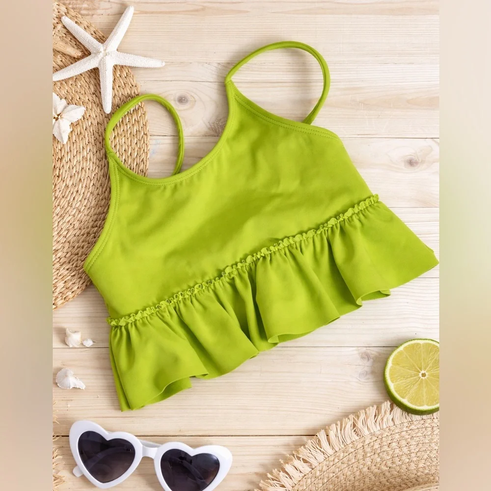 Kortni Jeane Lime Green Ruffle Swim Top Girls Size 4/5 Beach Summer Bikini